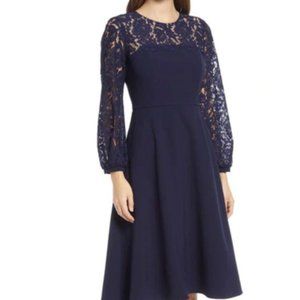Eliza J  Lace Long Sleeve Midi Dress Womens 8 Navy Blue